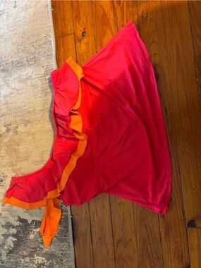 One-Shoulder Ruffle Swim Top - Coral with Orange Trim